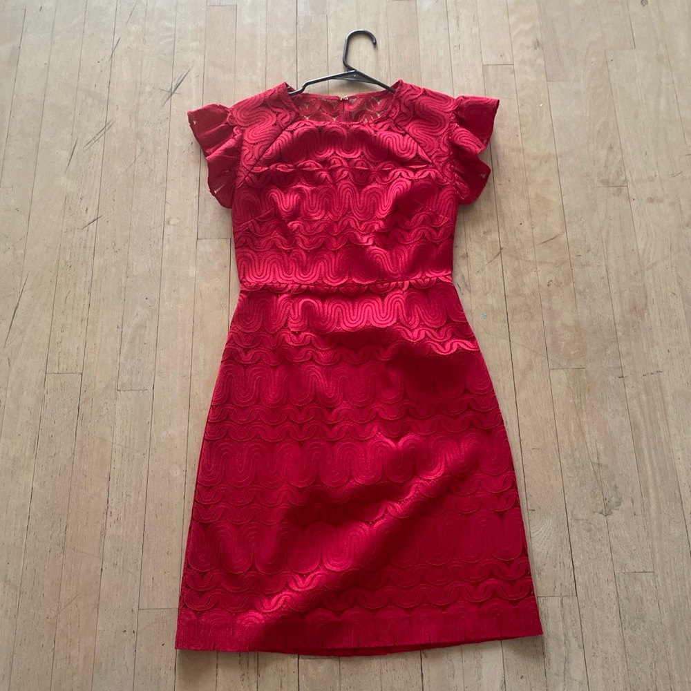 Trina Turk Mai-Tai Ruffle-Sleeve Lace Sheath Dress, Cranberry - Size 4